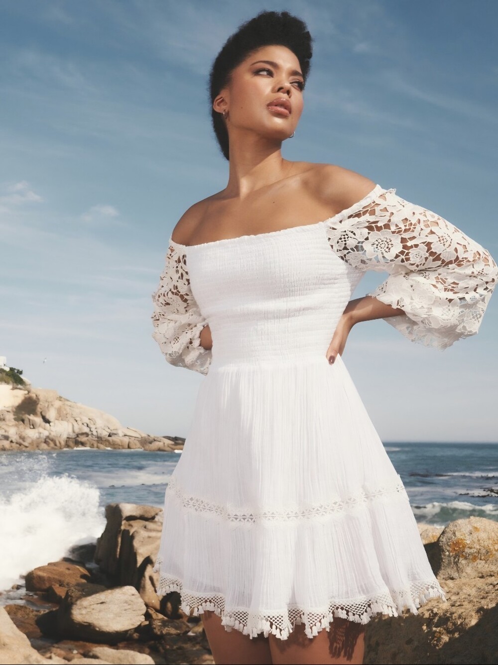 Guess White Lace Off Shoulder Mini Dress  Long Sleeves Cottagecore Eurosummer